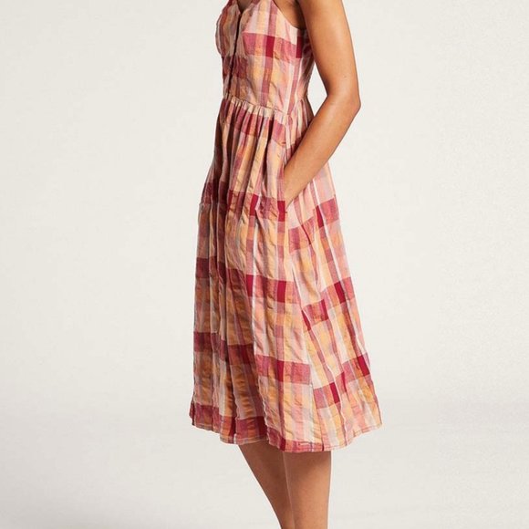 Volcom Auburn & Yellow Plaid NWT Madrasita Button-Front Sleeveless Dress SMALL - Picture 3 of 10